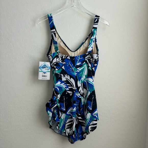 Maxine Of Hollywood Swim One Piece Blue Green Black White Tropical Leah NWT - Picture 12 of 13